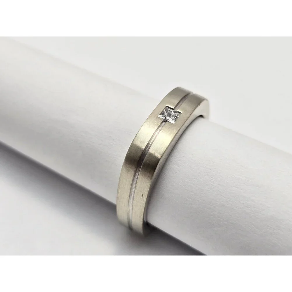 14K White Gold Matte Finish Comfort Diamond Square Wedding Band Ring Size 10.75